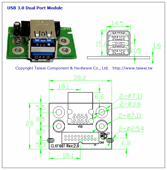 USB 3.0 Dual Port Module, PCI window Connector & Cable