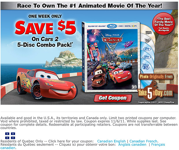 Take Five a Day » Blog Archive » Disney Pixar CARS 2 DVD Blu Ray
