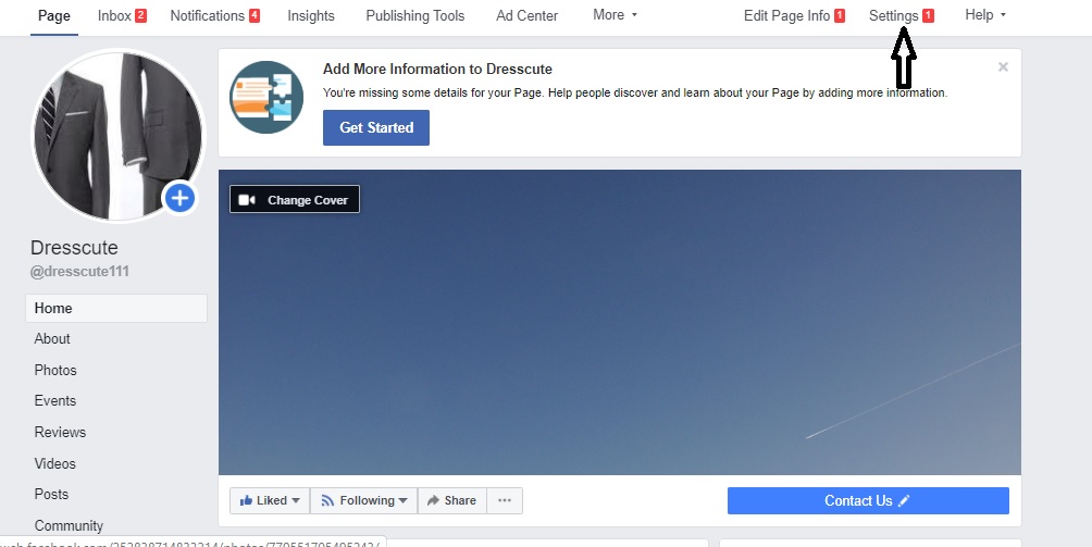 Go to your Page and click Settings in the upper righthand side of your