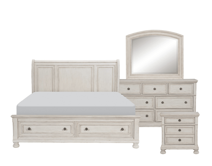 Bethel 5 Piece Antique White Bedroom Set (Bed (2pc), Dresser, Mirror