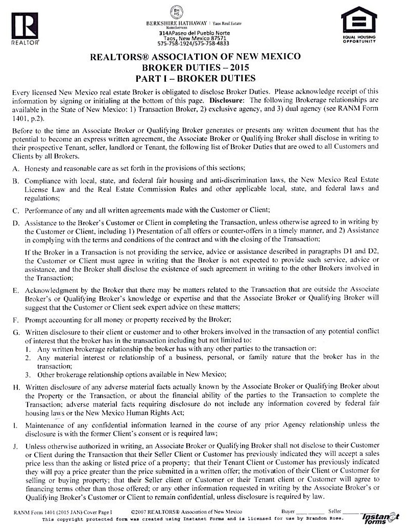Realtor's Association of New Mexico Broker's Duties Taos Homes Real