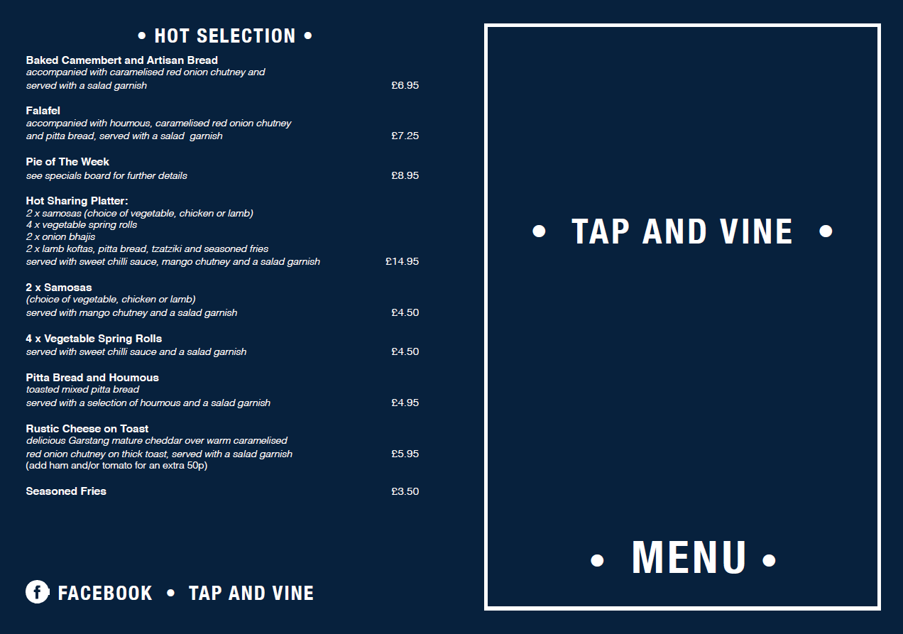 Food Menu TAP AND VINE