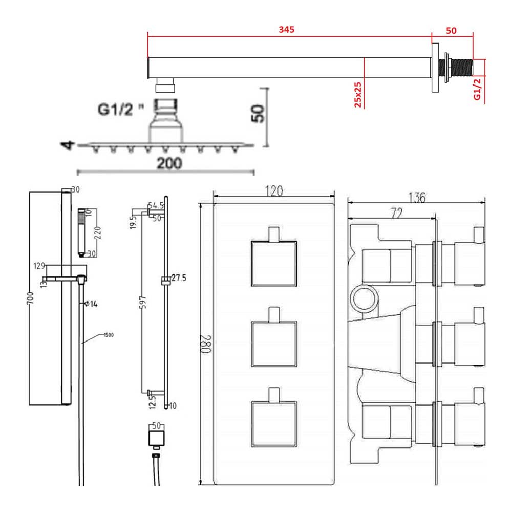 Drench Elijah Concealed Shower Valve with Fixed Head, Slide Rail Kit