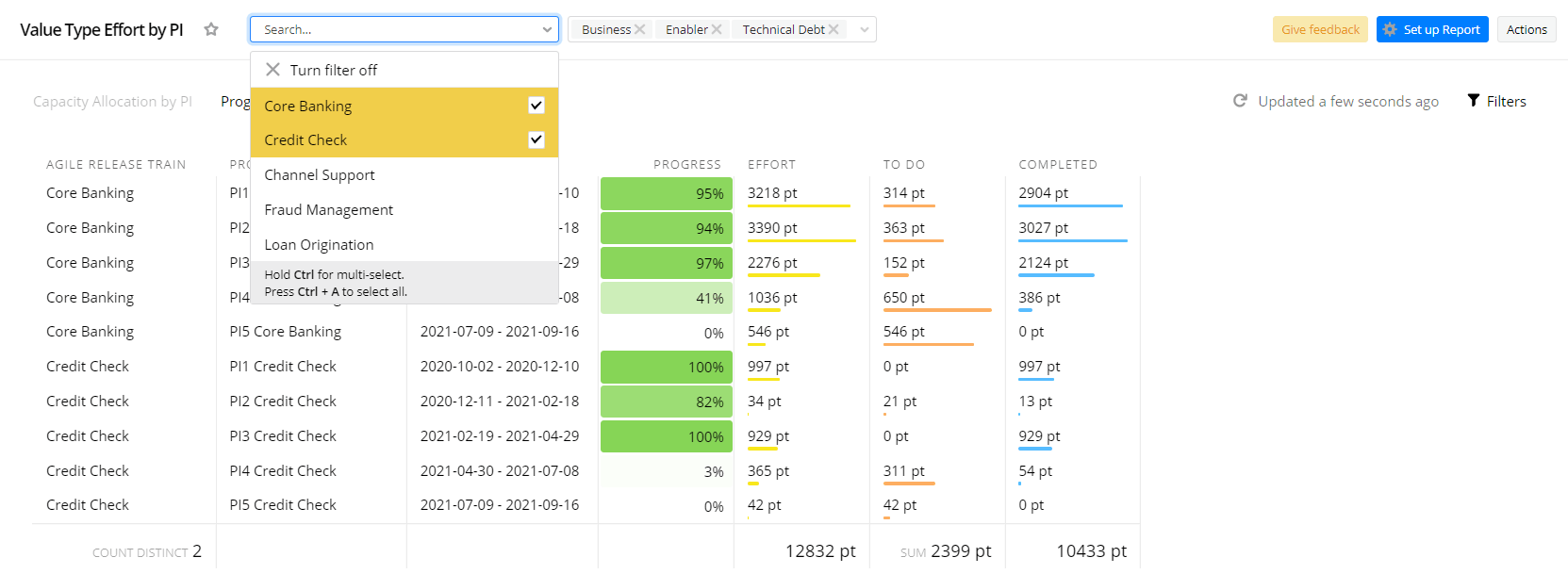 Filtering data on a report Targetprocess Enterprise Agility Solution