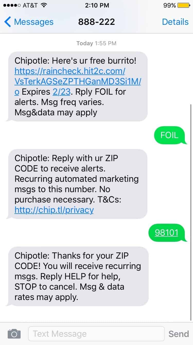 SMS Autoresponder Example Chipotle Rain Check Tatango