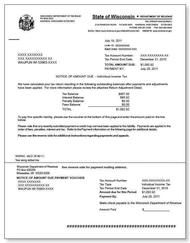 Wisconsin Notice of Amount Due Sample 1