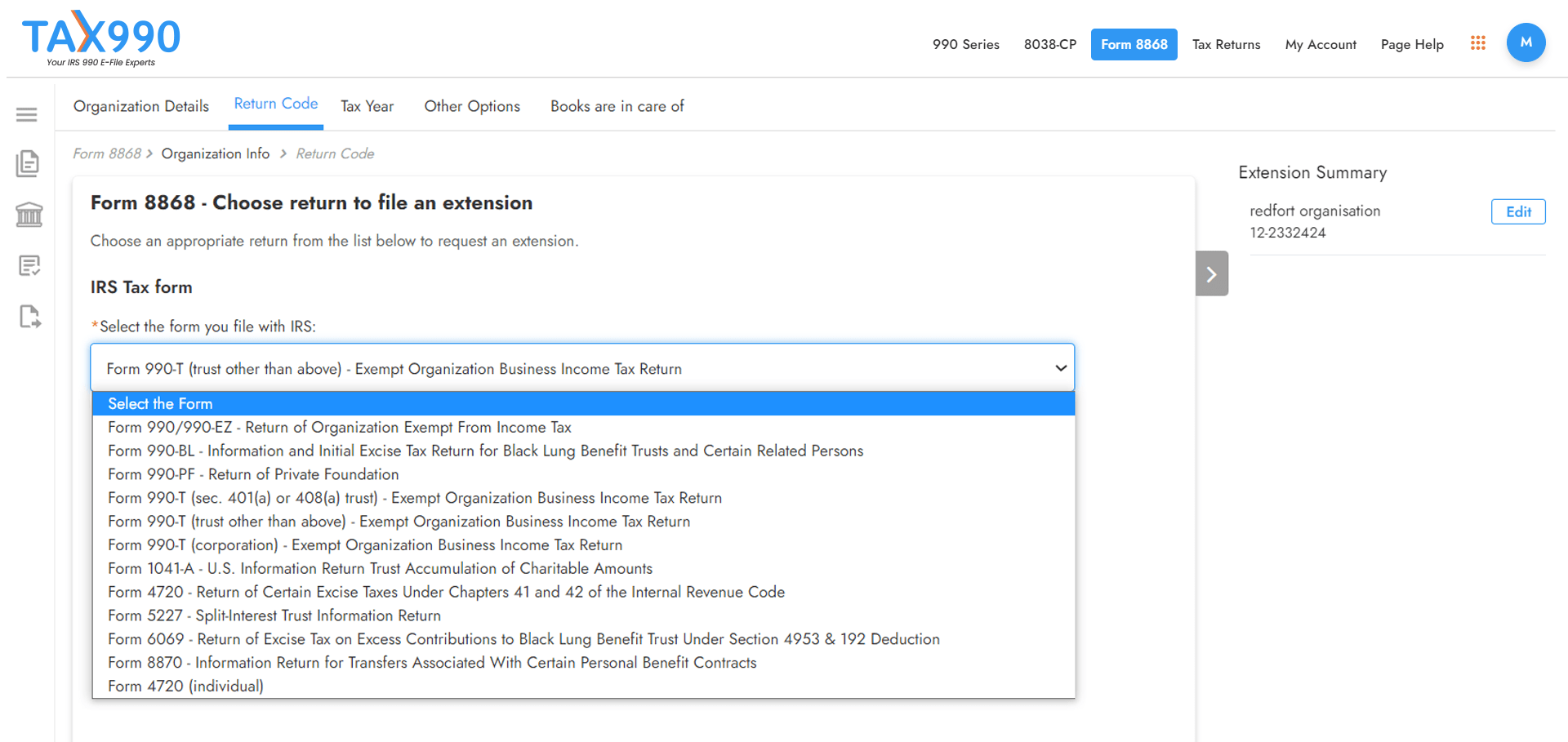 File Form 8868 Online Efile 990 Extension with the IRS