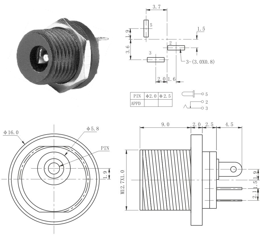 DC Power Jack 2.1mm Enclosed Frame With Switch External