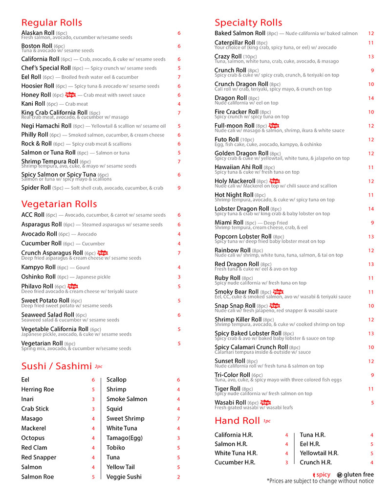 Beijing And Tokyo Menu