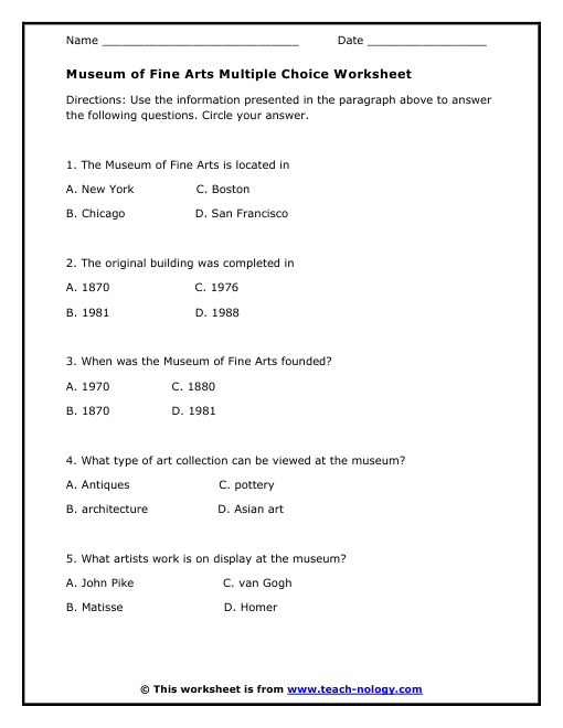 Museum of Fine Arts Multiple Choice Questions