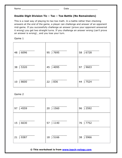 Double Digit Division (No Remainders) Game