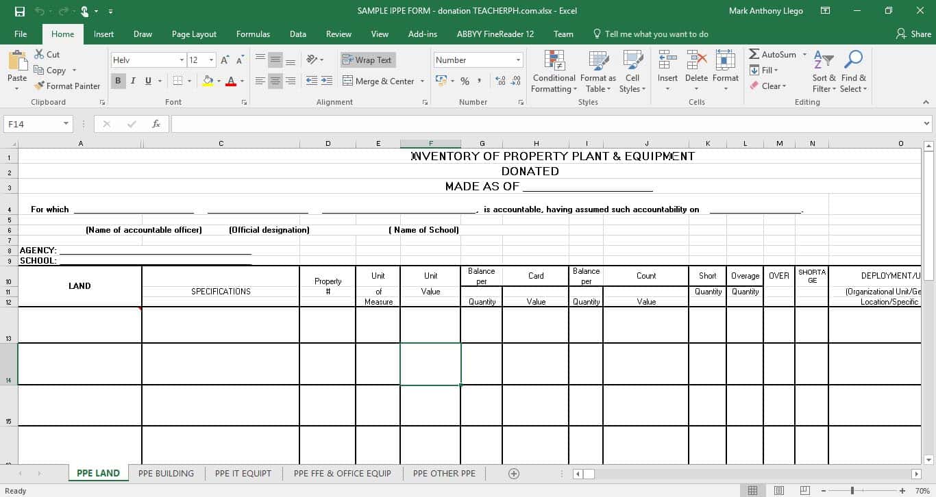 Inventory of Property Plant and Equipment Templates TeacherPH