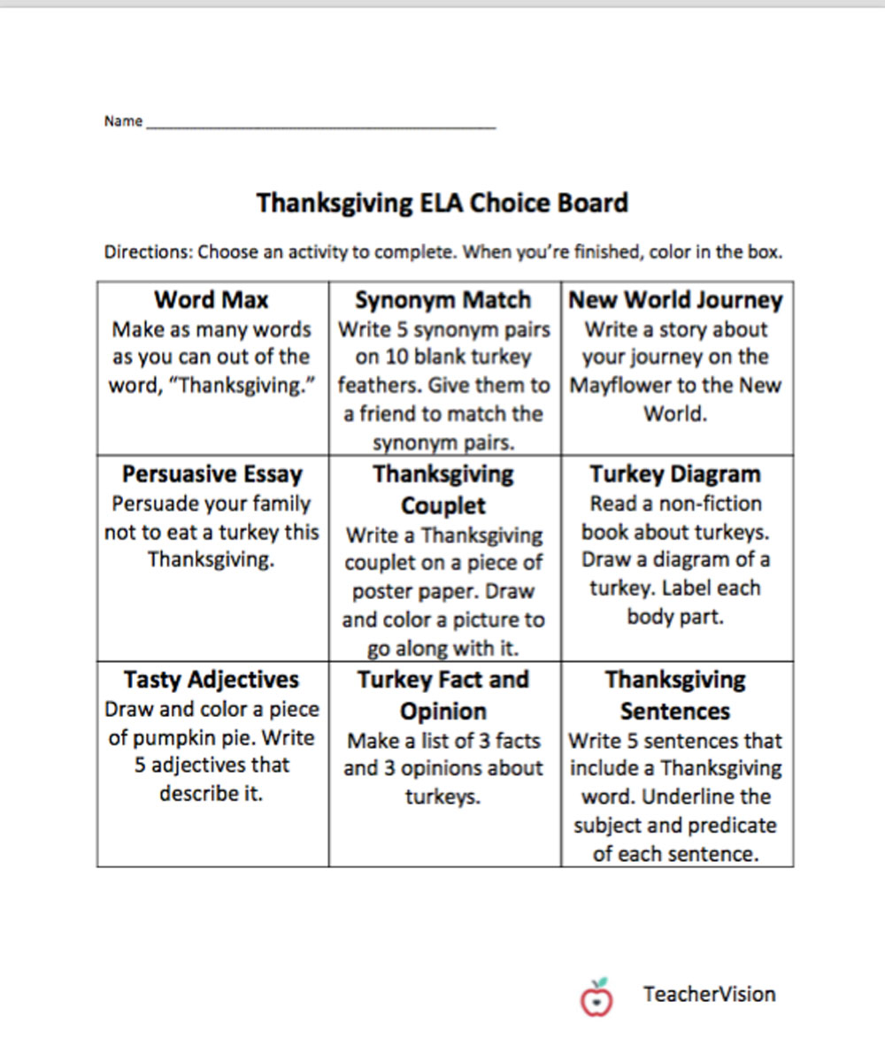Math Thanksgiving Choice Board TeacherVision