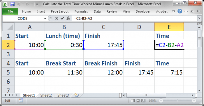 Calculate the Total Time Worked Minus Lunch Breaks in Excel
