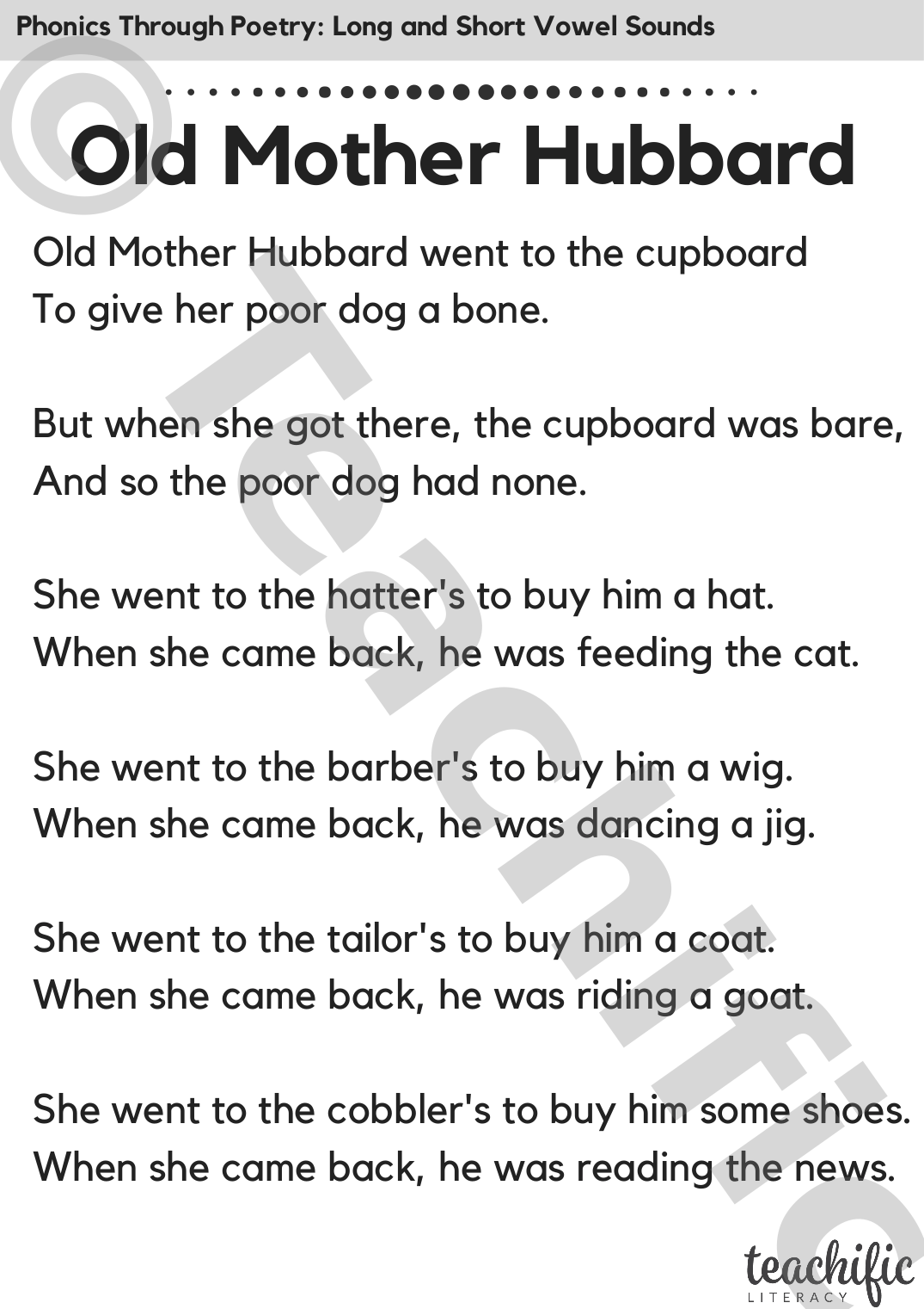 Phonics Through Poetry Old Mother Hubbard Teachific