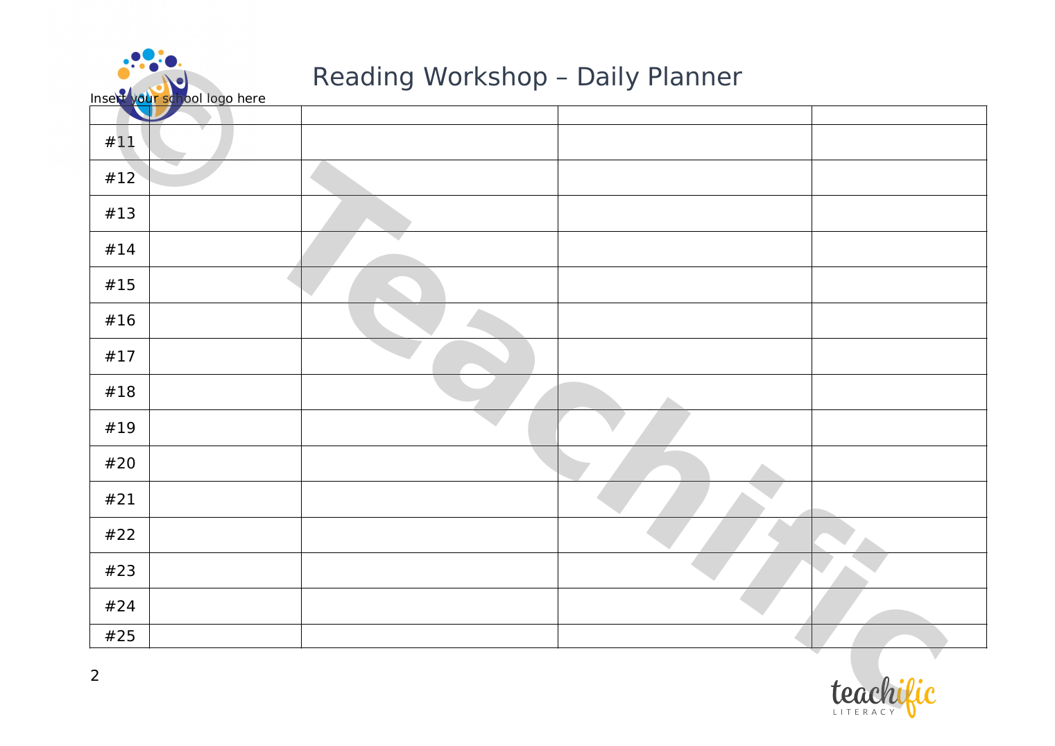 Reading Daily Planner (editable), F6 Teachific