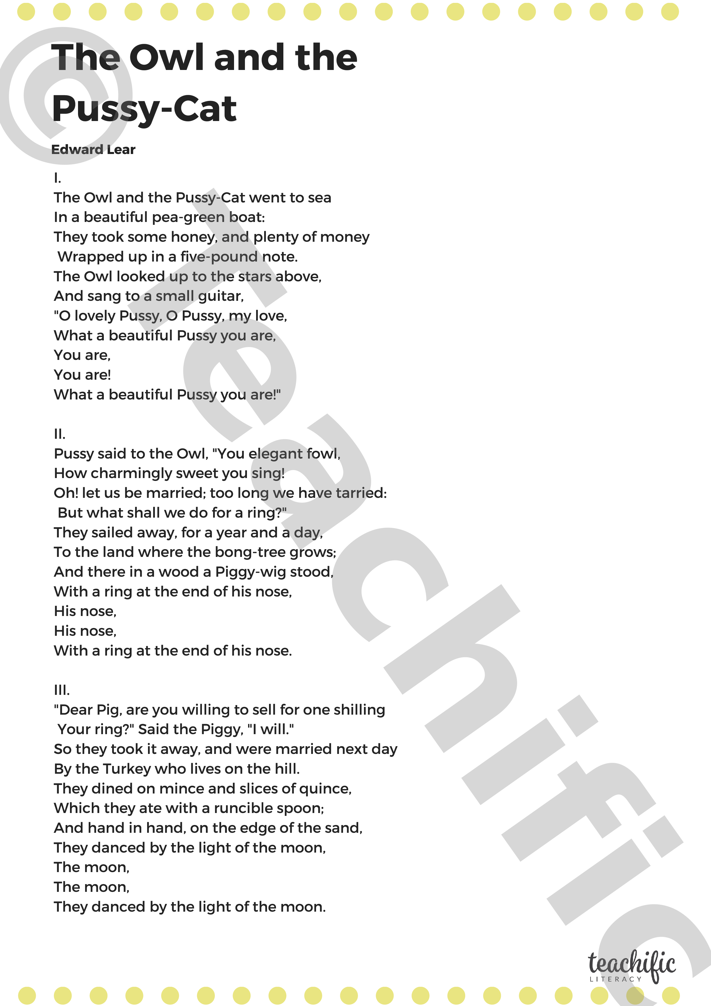 Poems The Owl and the Pussy Cat Yrs 24 Edward Lear Teachific