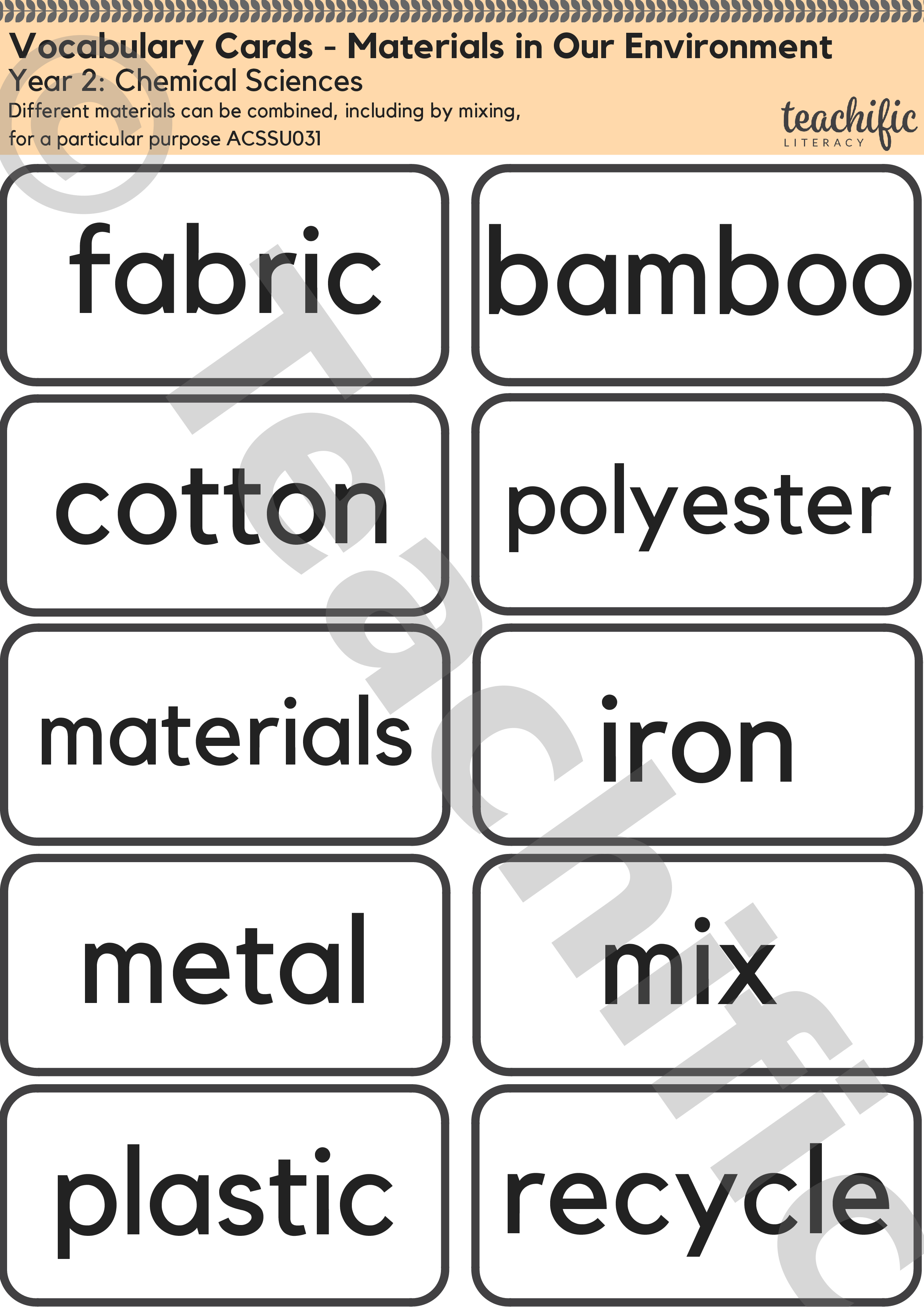 Science Vocabulary Cards Yr 2 Chemical Sciences Materials in Our