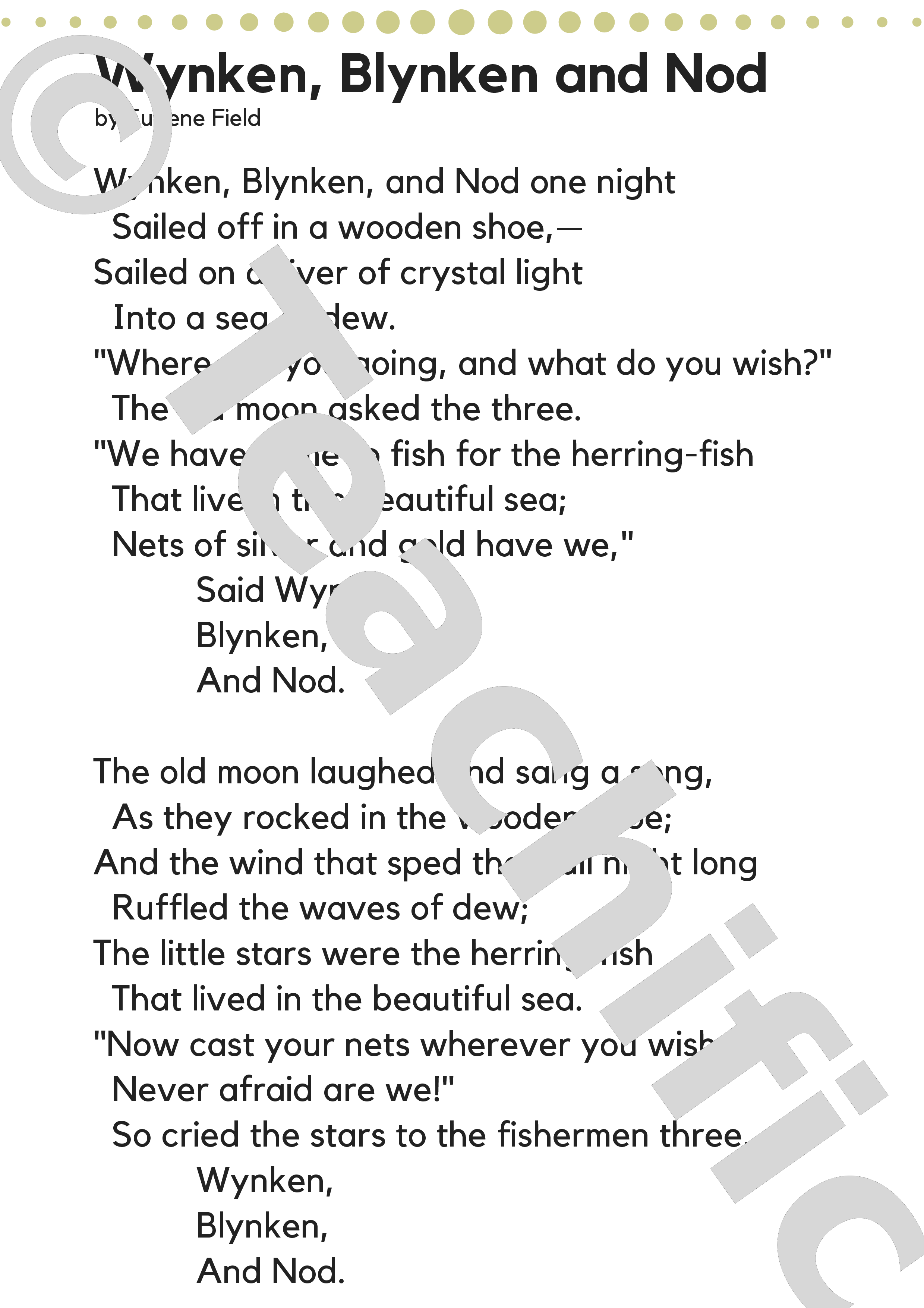 Poems Yr 3,4 Wynken, Blynken and Nod Eugene Field