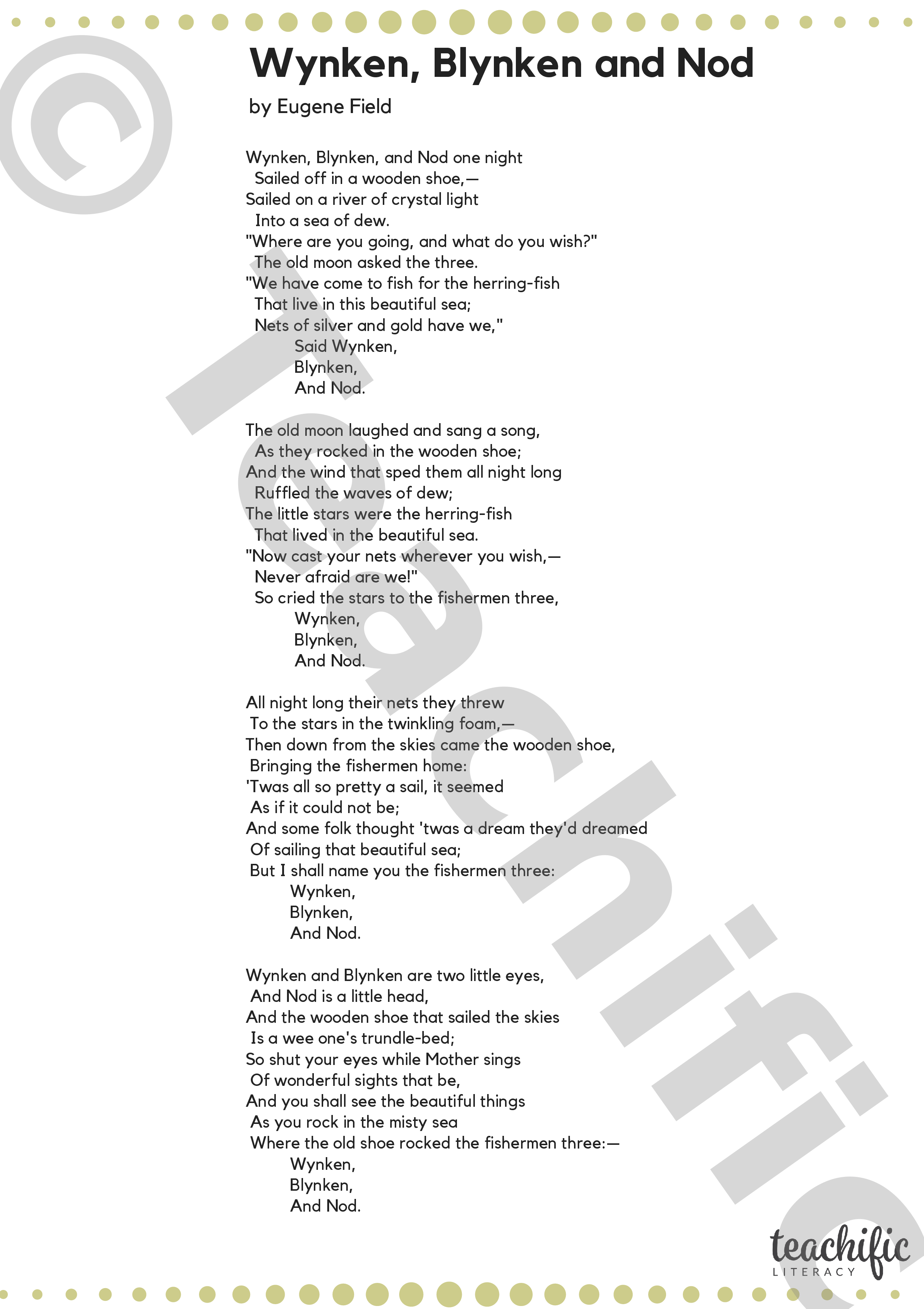 Poems Yr 3,4 Wynken, Blynken and Nod Eugene Field