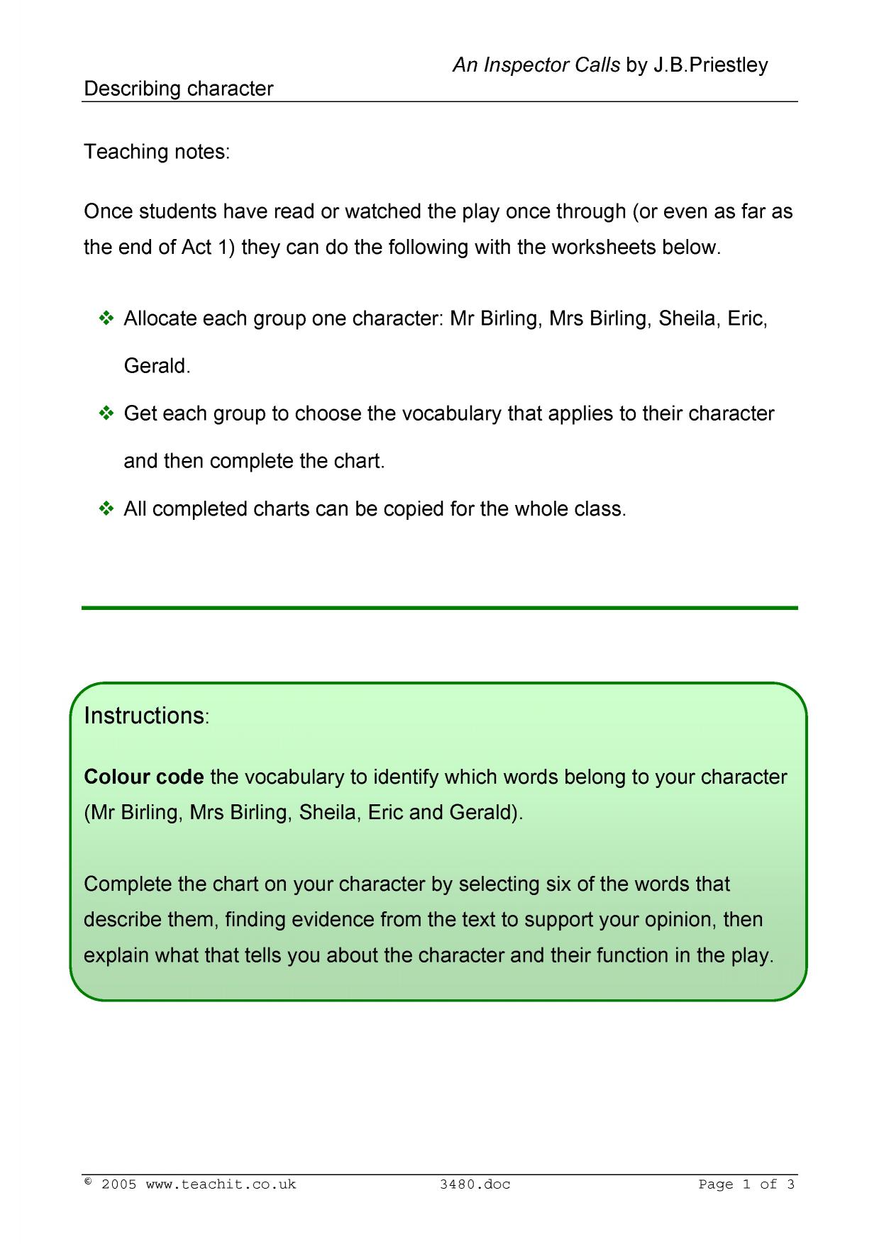 KS4 An Inspector Calls by J.B. Priestley Teachit English