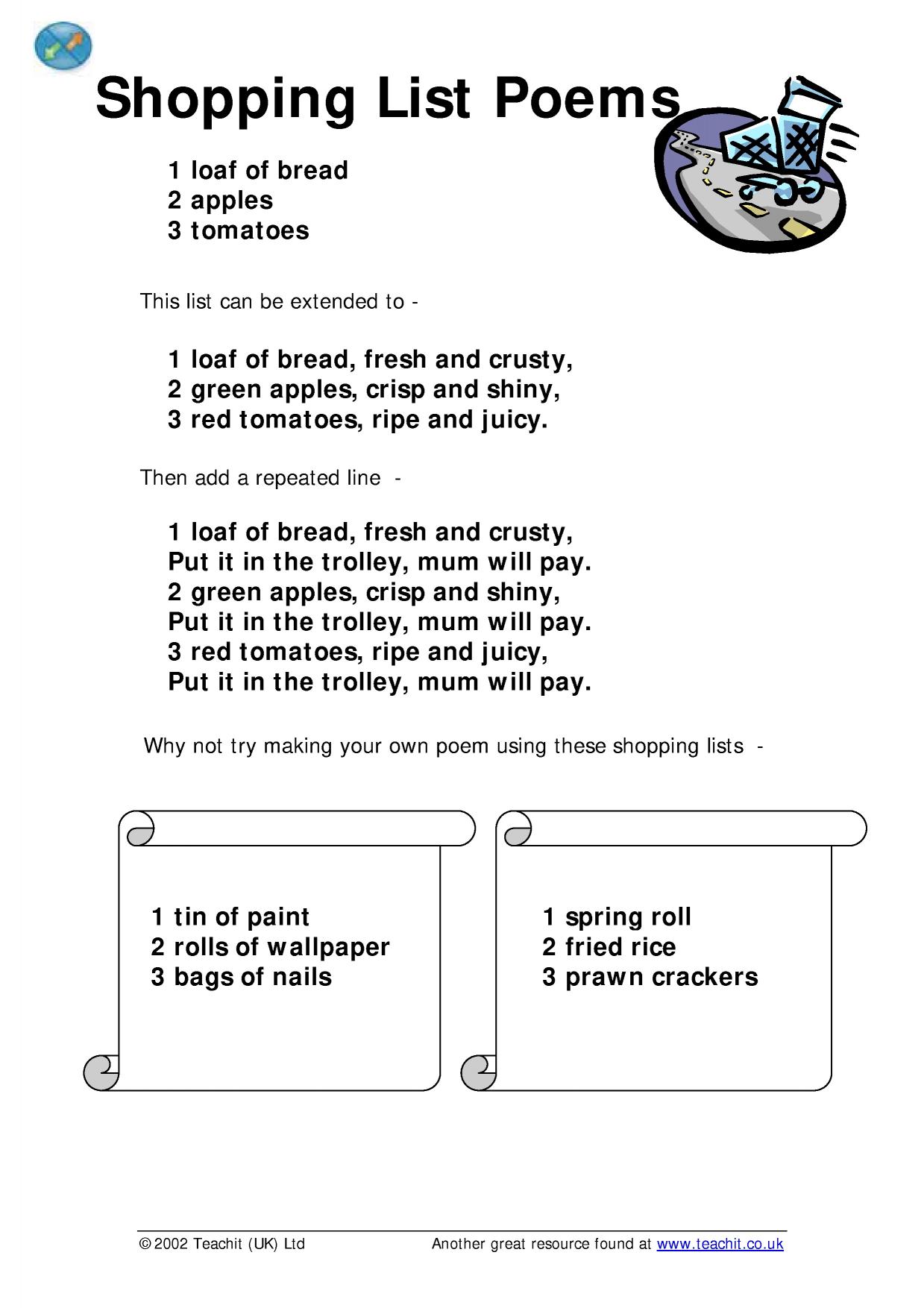 Shopping list poems Writing poetry Home page