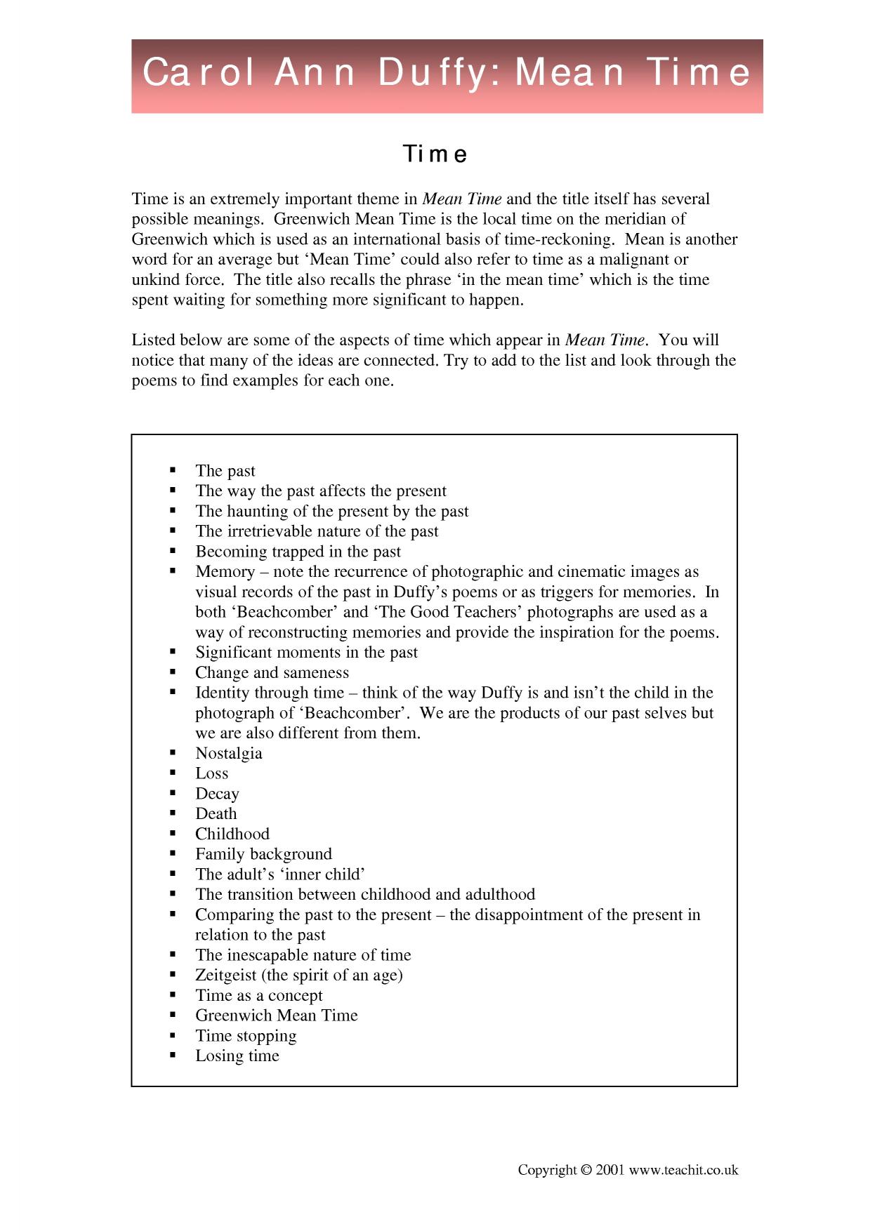 KS5 Poetry Duffy, Carol Ann Mean Time Teachit English