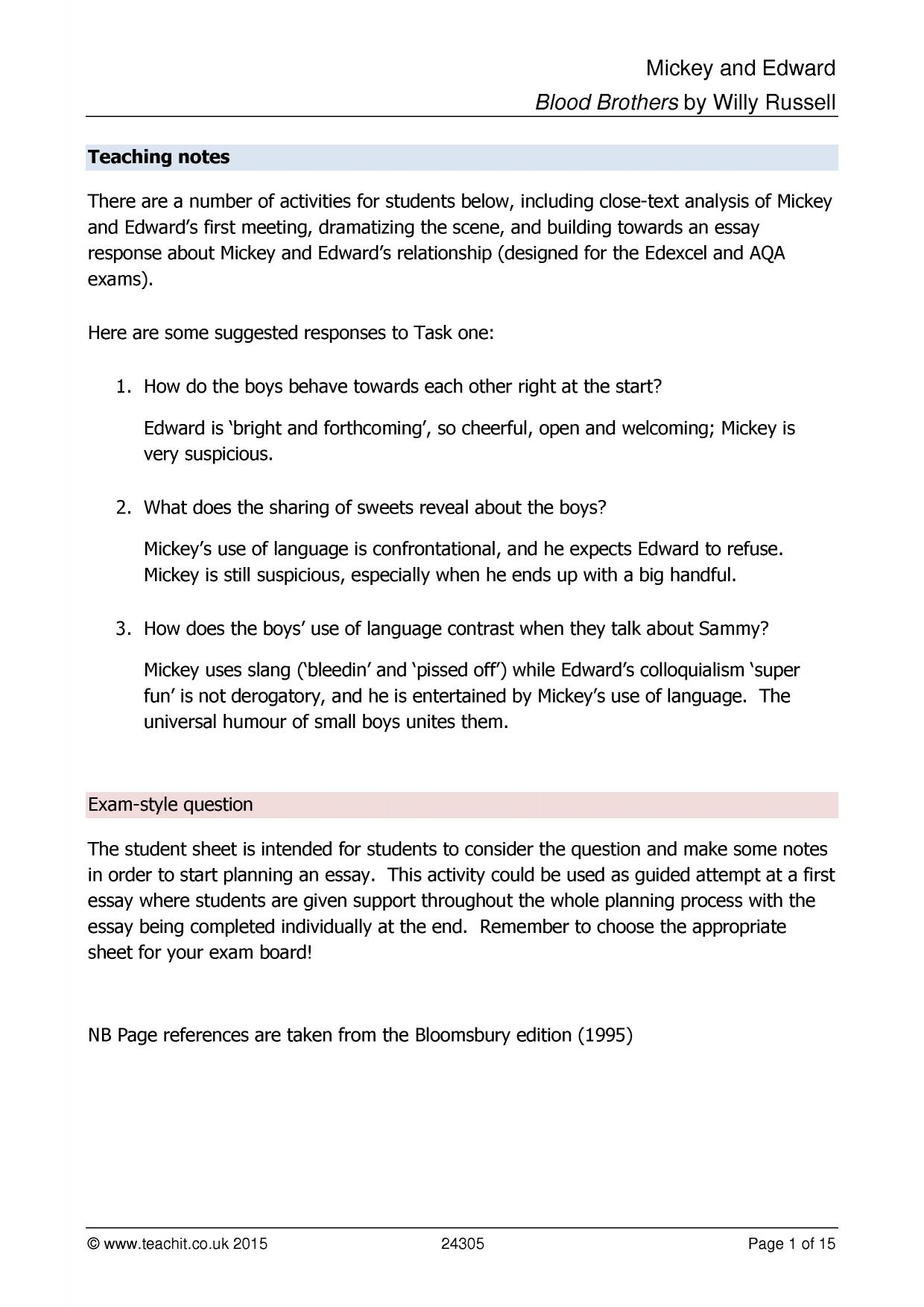 Blood Brothers by Willy Russell KS4 Plays Key Stage 4 Resources