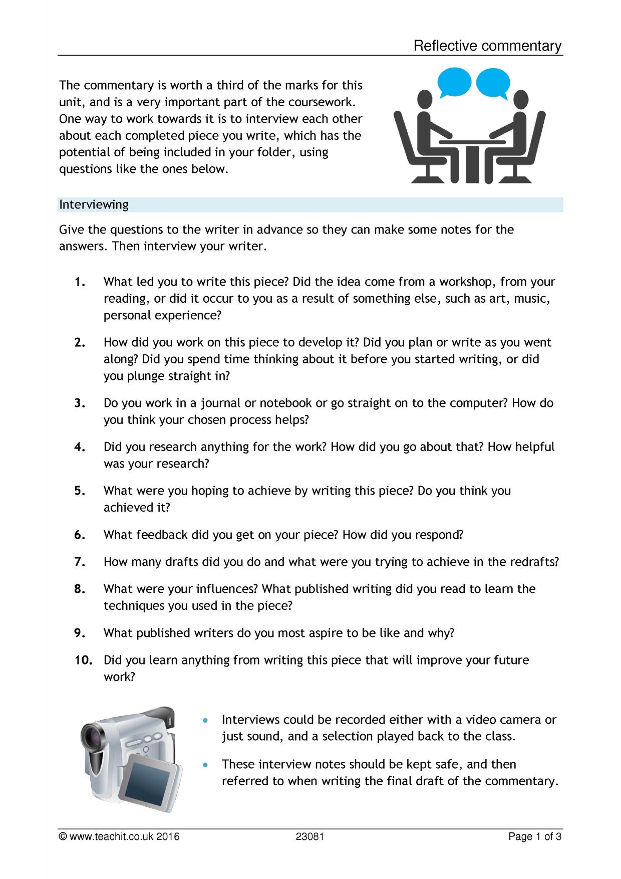 Reflective commentary Writing for purpose and audience Home page