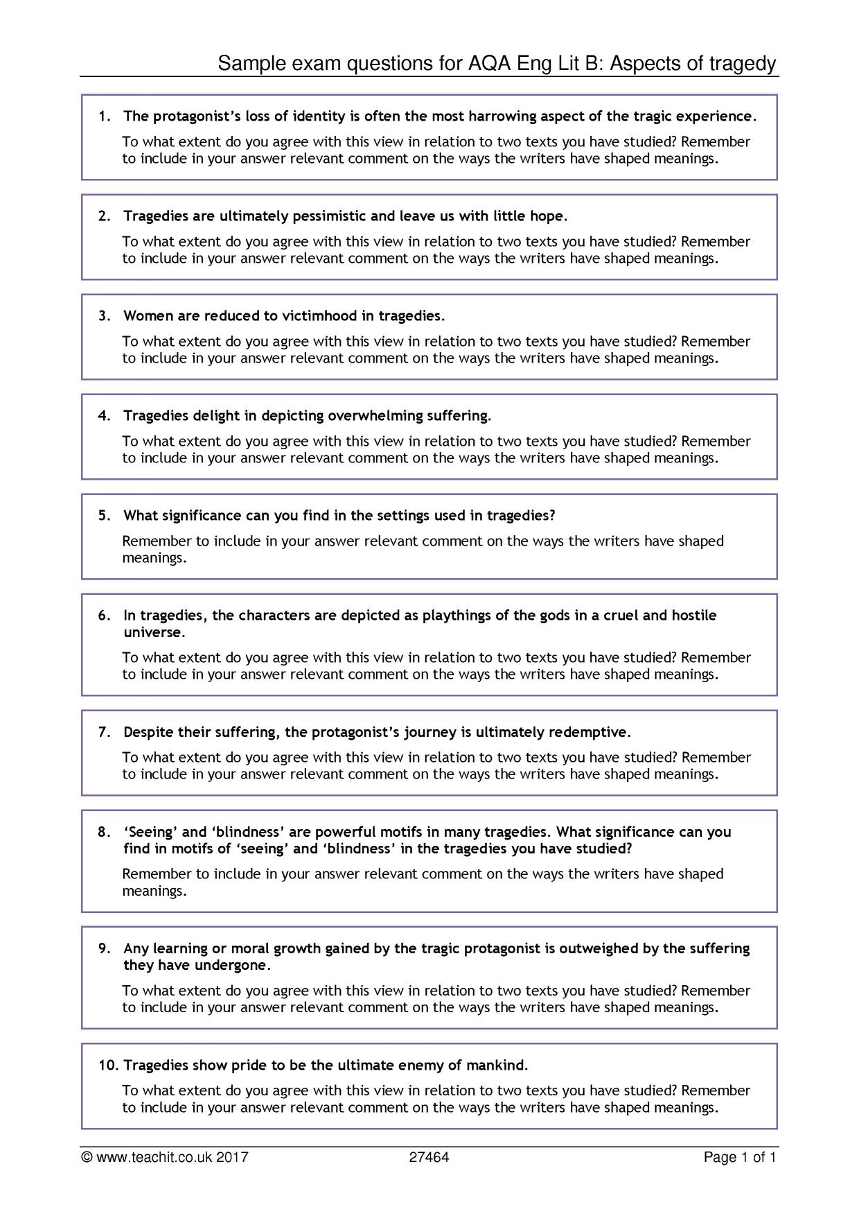 Sample exam questions for AQA Eng Lit B Aspects of tragedy Comparing