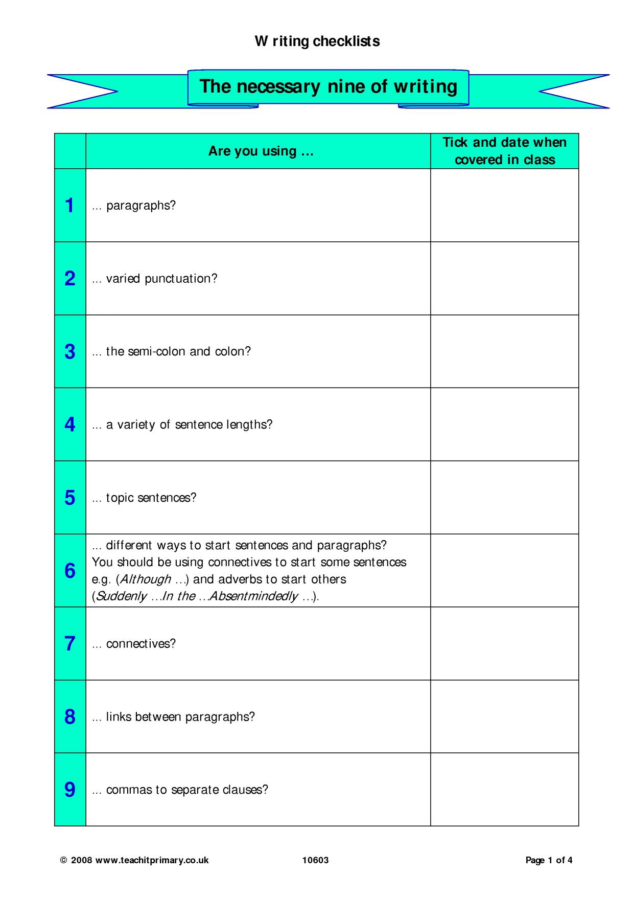 Writing checklists KS2 English Teachit