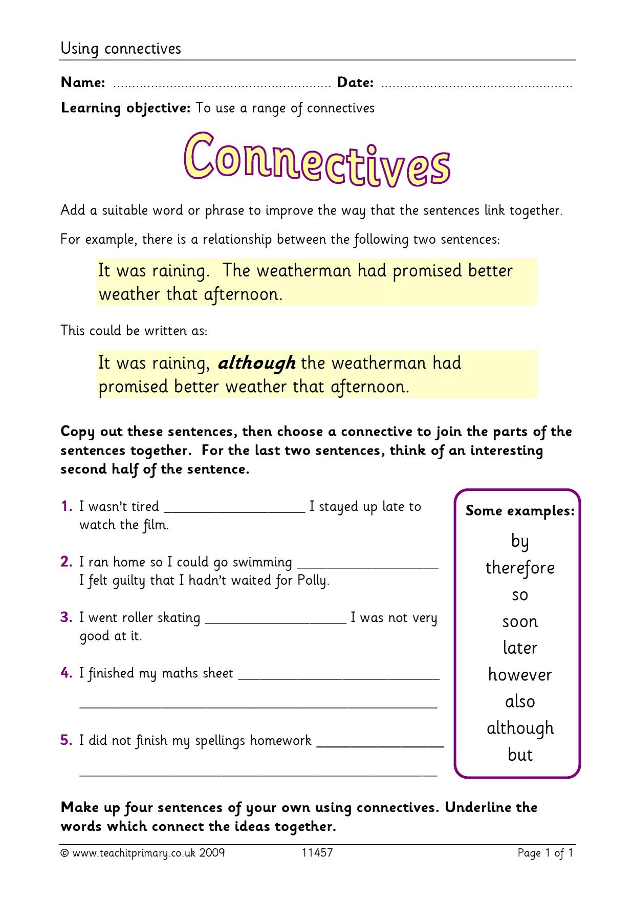 Using connectives Grammar KS2 Teachit