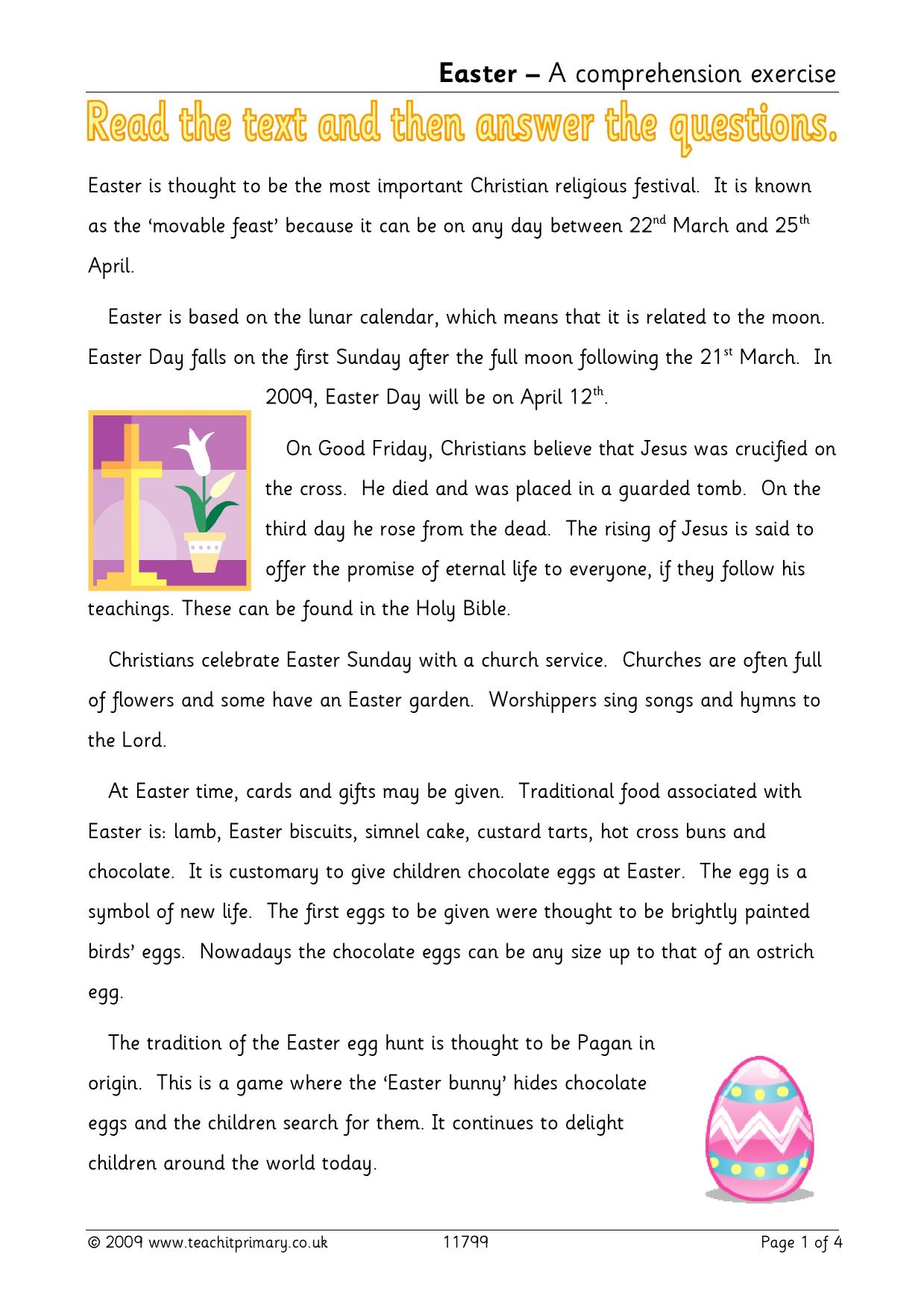 Easter reading comprehension KS2 Celebrations Teachit