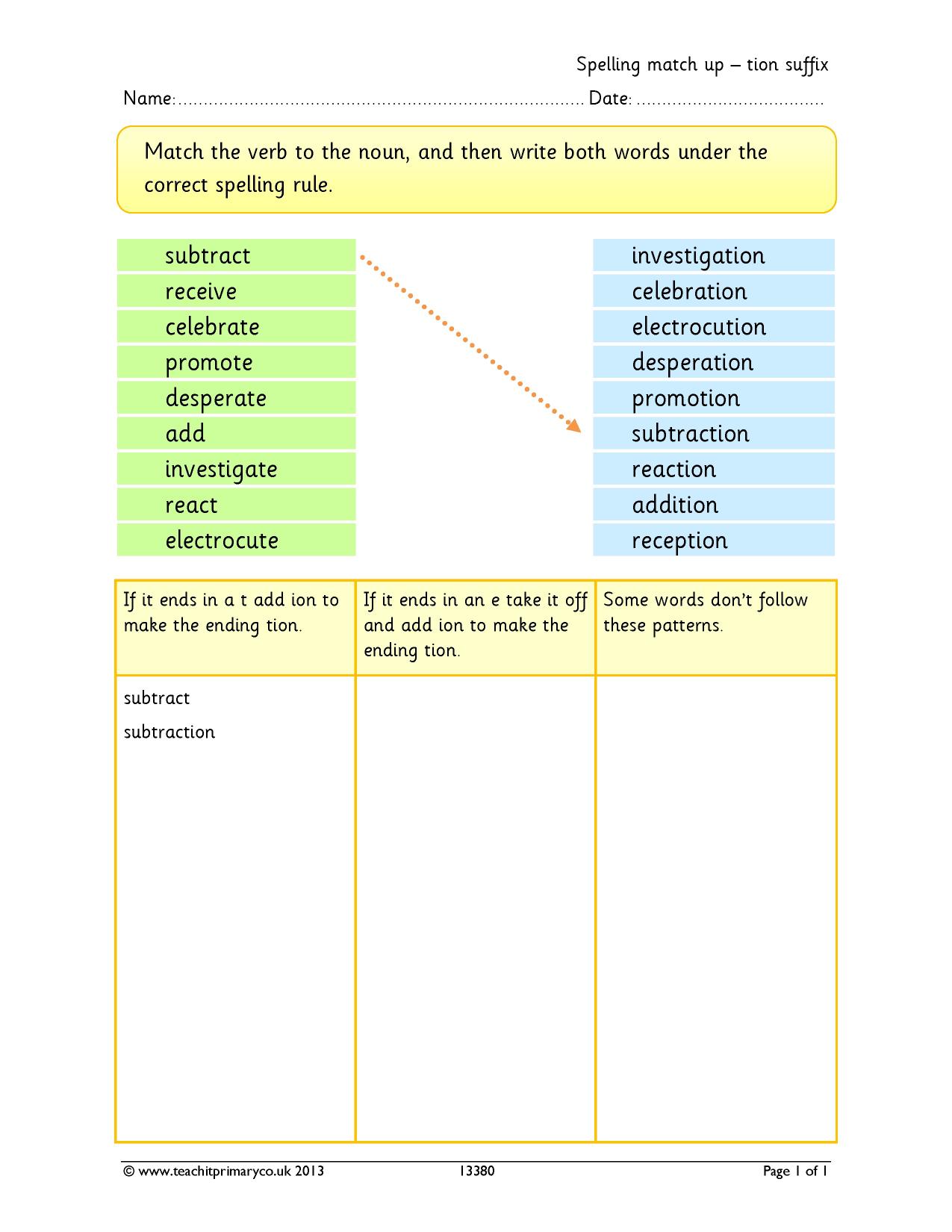 Spelling match up – tion suffix