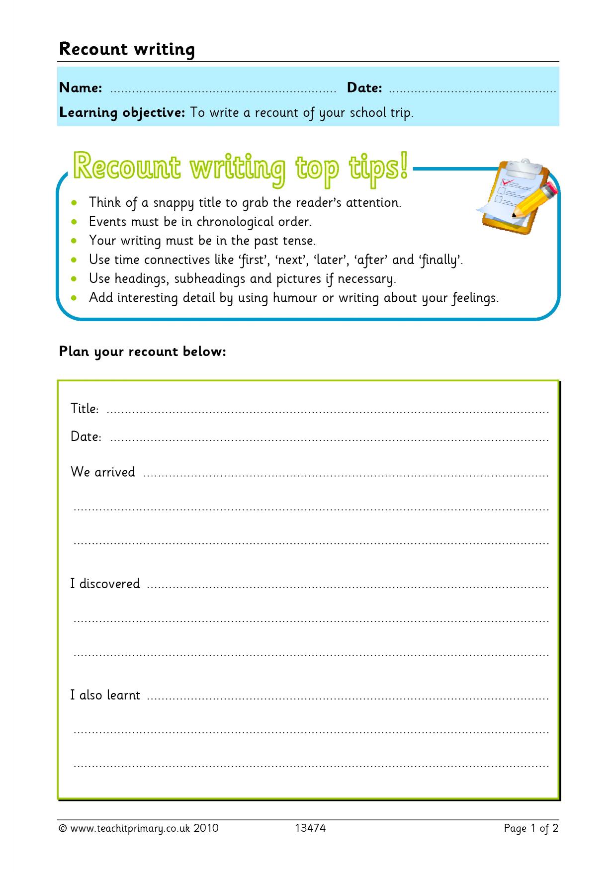 School trip recount writing frame KS2 English Teachit