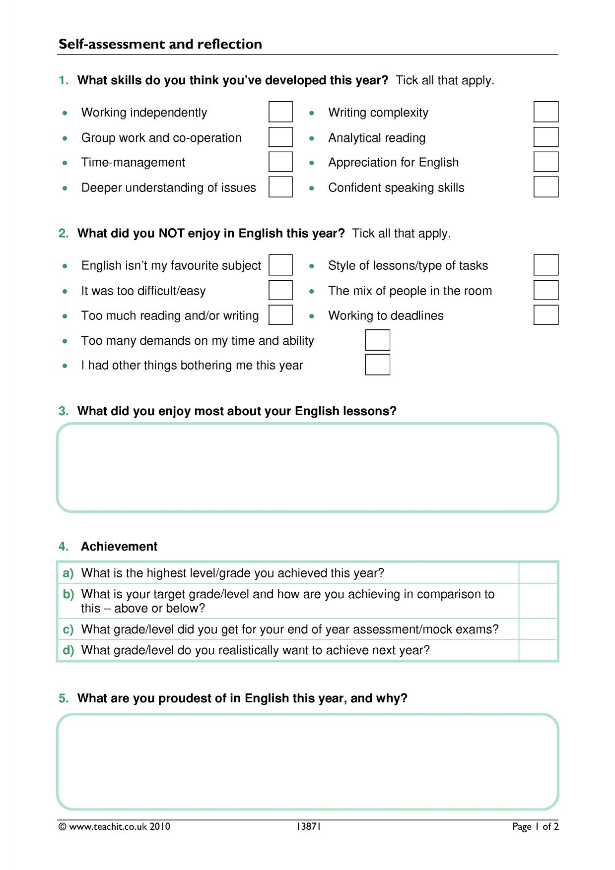 Selfassessment and reflection questionnaire for students KS34
