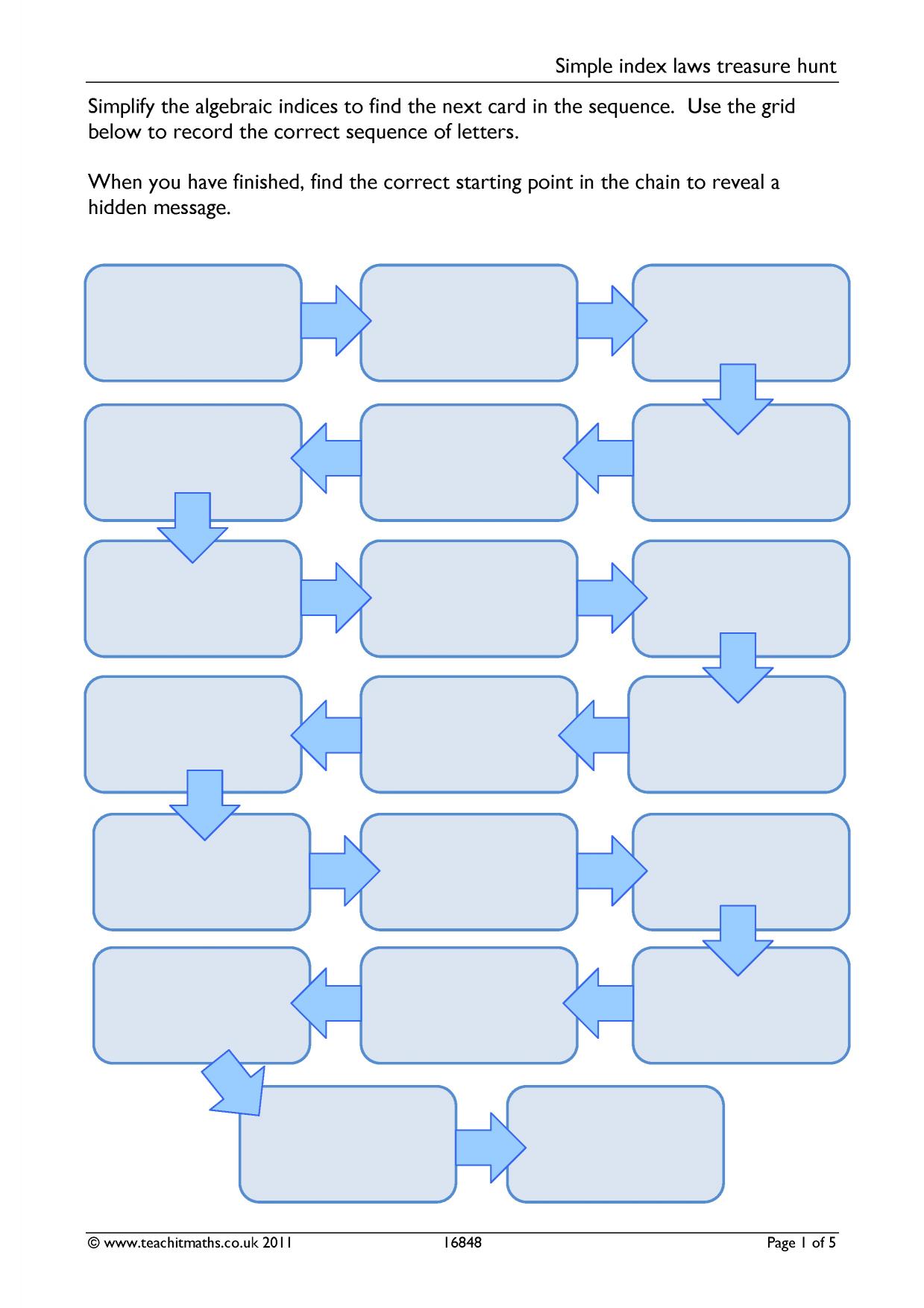 Simple index laws treasure hunt KS34 maths Teachit
