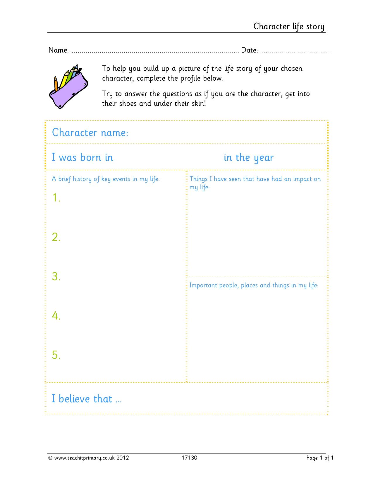 Character profile writing frame KS2 English Teachit