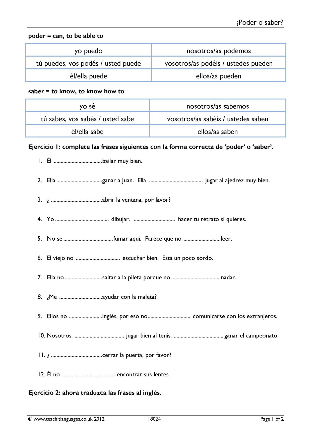 Grammar worksheet Poder and Saber KS4 Spanish teaching resource