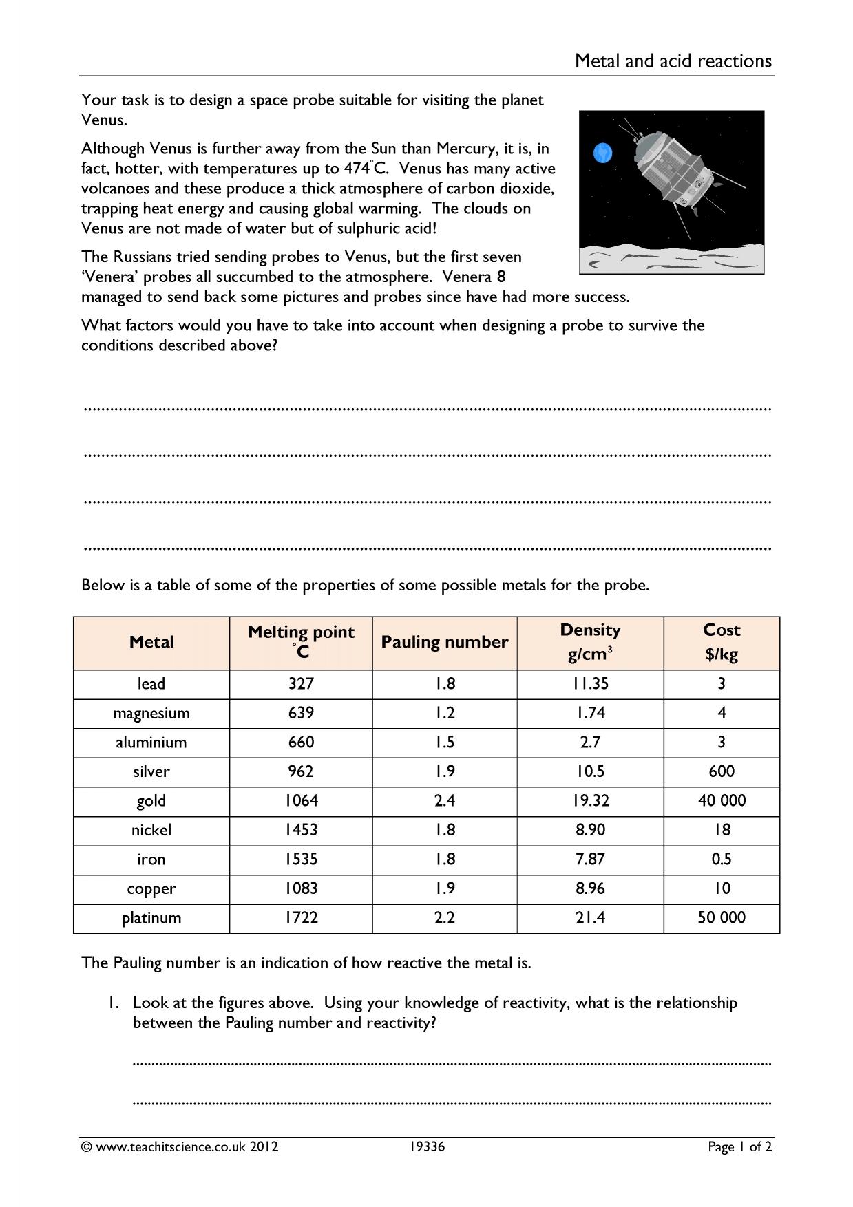 Metals reactivity worksheetKS3 ChemistryTeachit