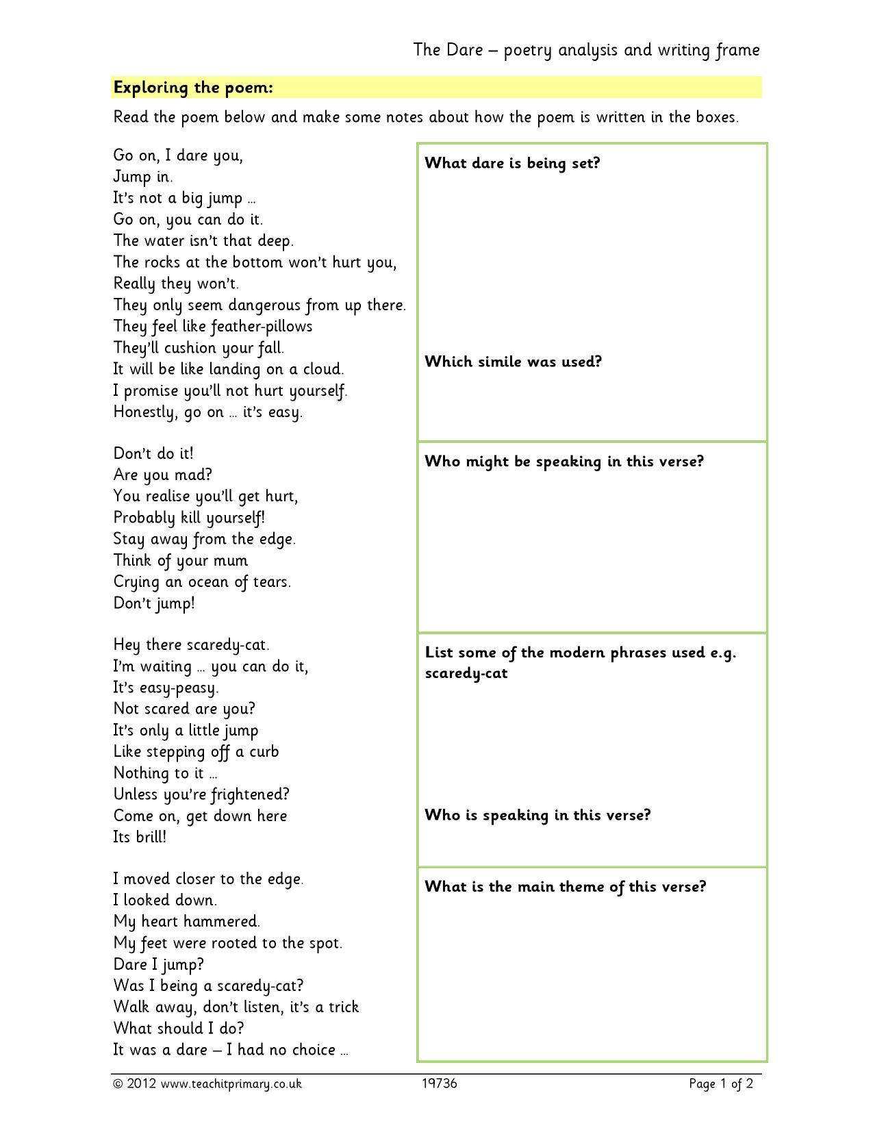 The Dare poetry analysis and writing frame KS2 poetry Teachit
