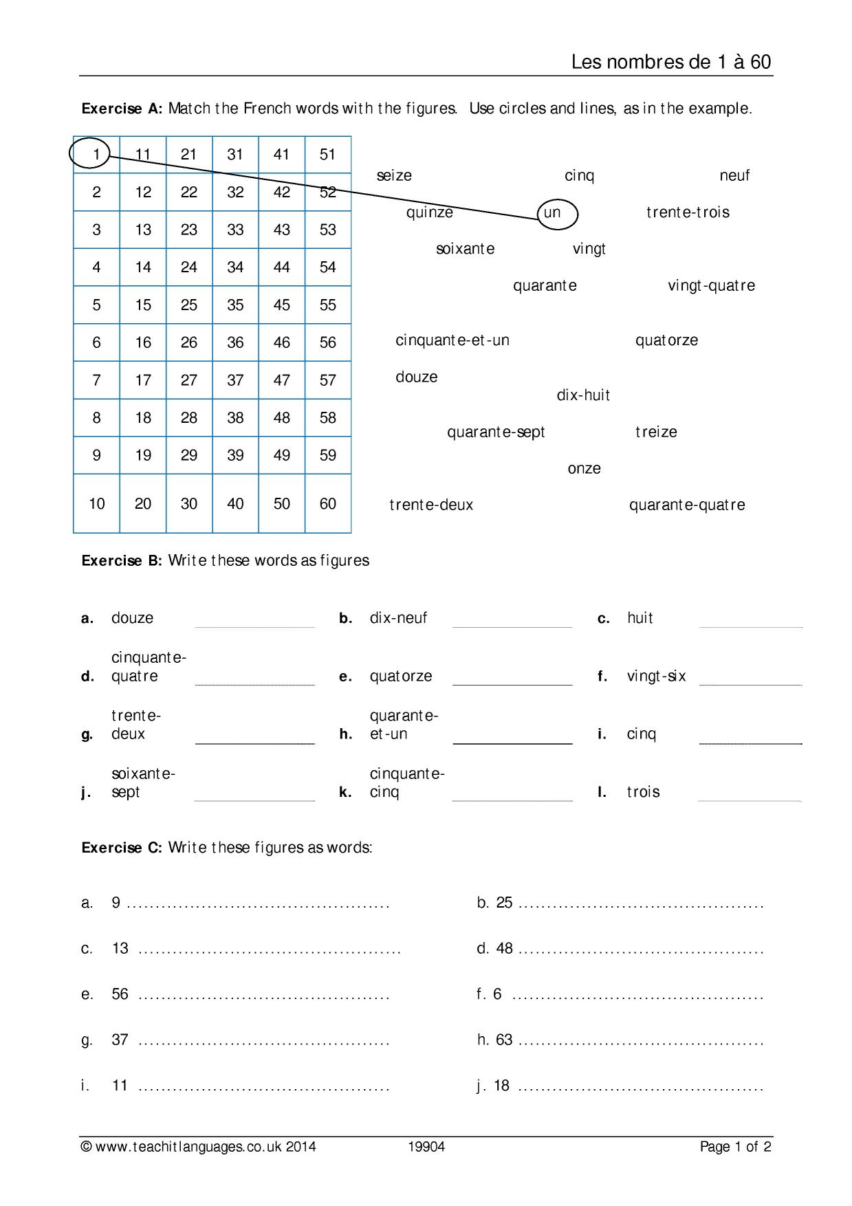 Worksheet Numbers 160 KS3 French teaching resource Teachit