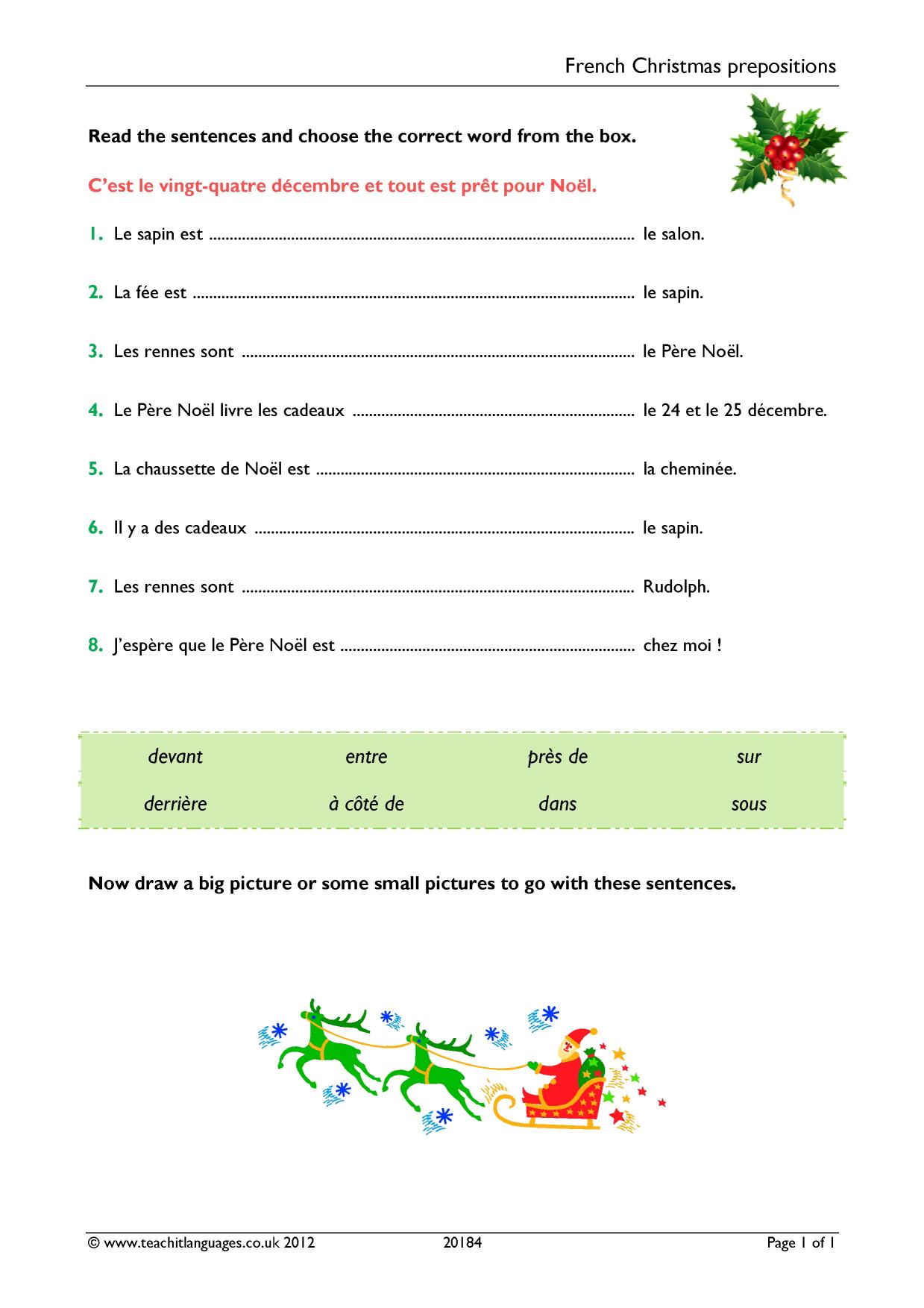Prepositions worksheet Christmas KS3 French teaching resource Teachit