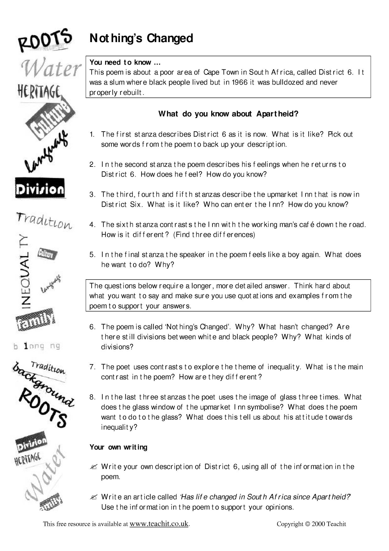 Nothing's Changed Tatamhkulu Afrika Poetry KS3/4 Teachit