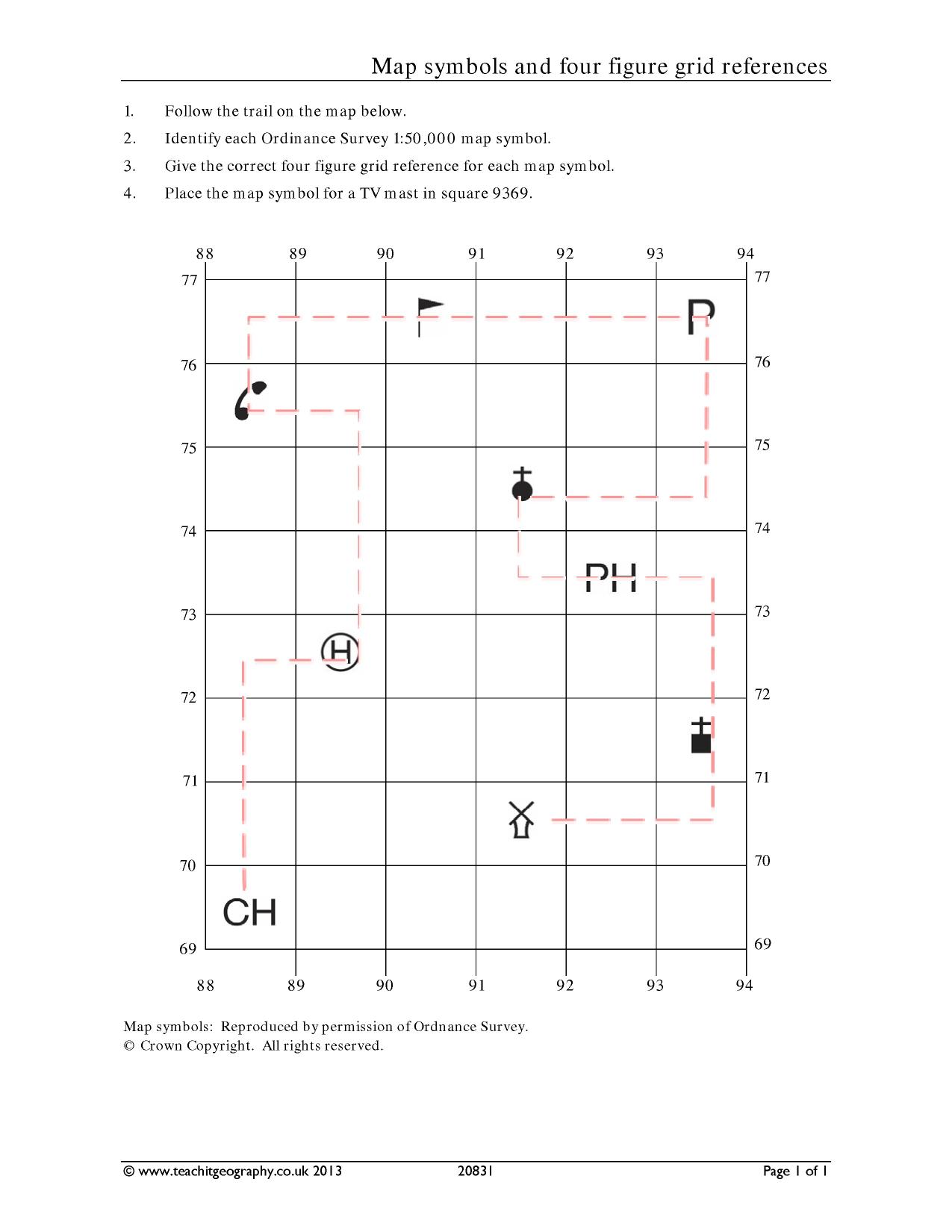 Grid references and map symbols task KS3 geography Teachit