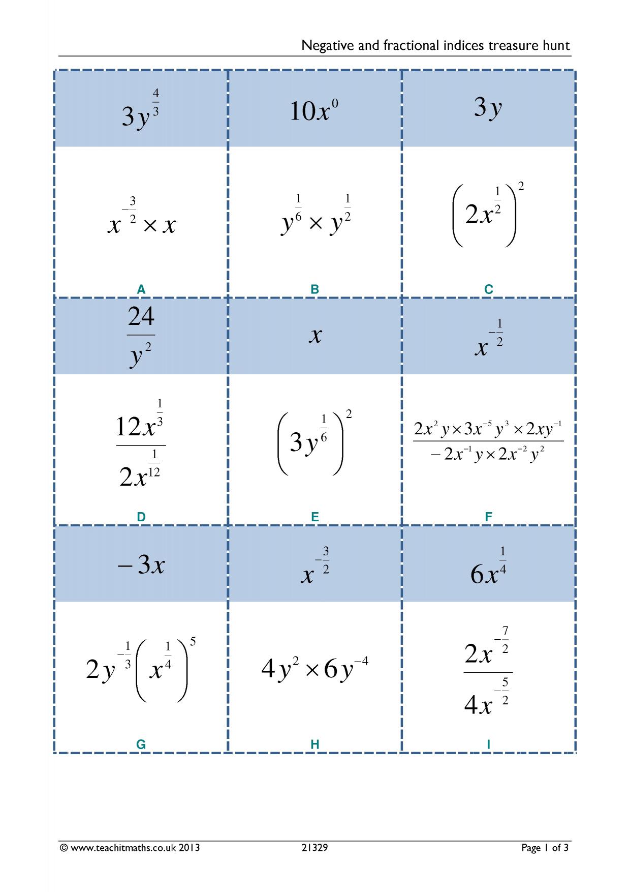 Negative and fractional indices treasure hunt KS34 maths Teachit