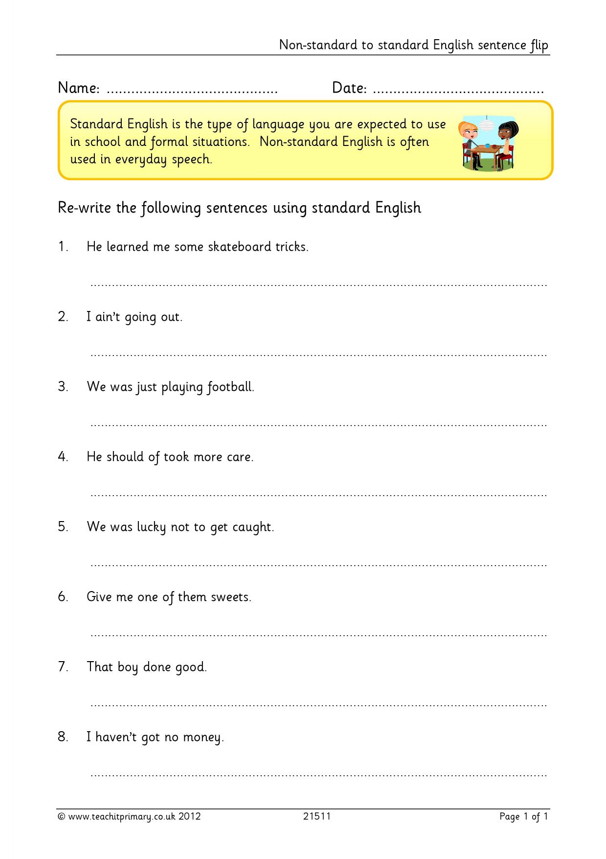 Nonstandard to standard English sentence flip KS2 grammar Teachit
