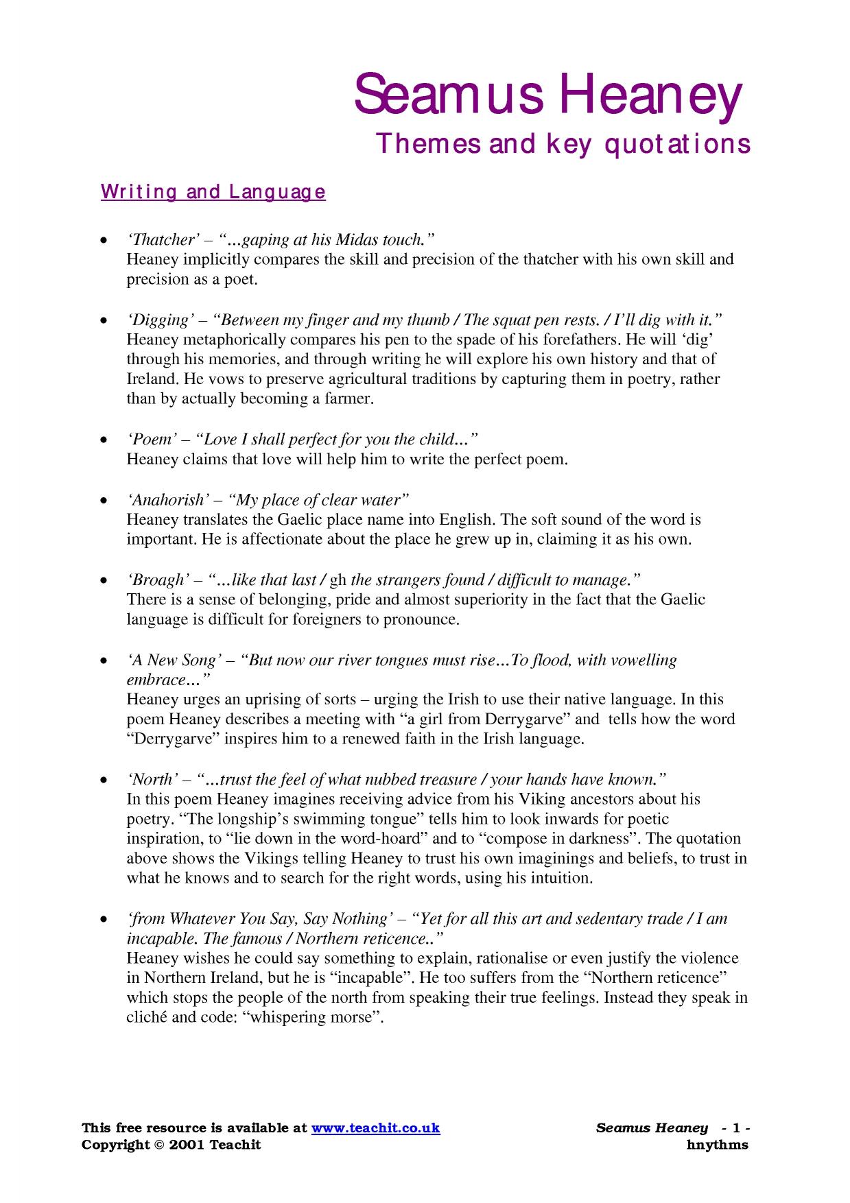 Themes Revision notes Seamus Heaney KS5 English Teachit