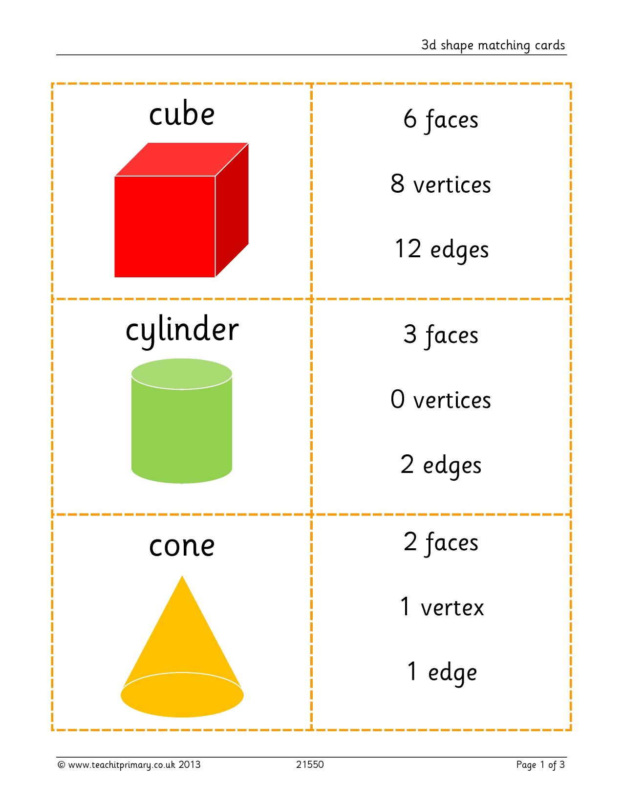 3D shape matching cards KS1 properties of shape Teachit