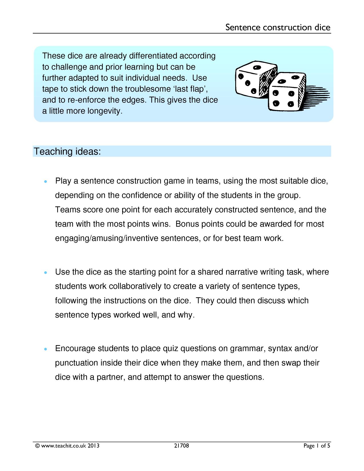 Sentence construction dice